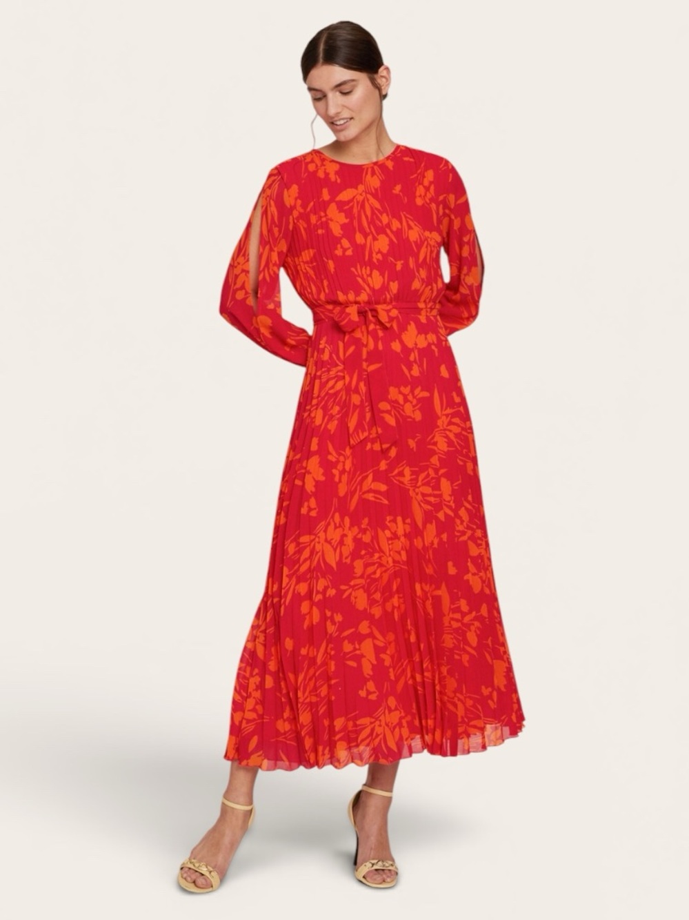 Motivi Georgette Botanical Print Pleated Midi Dress Red Orange Size 8
